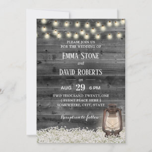 Vintage Lantern Baby's Breath Barn Wood Wedding Invitation