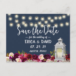 Vintage Lantern Burgundy Floral Navy Save the Date Announcement Postcard