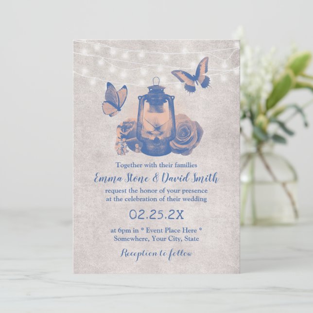 Vintage Lantern Butterfly & Flowers Rustic Wedding Invitation (Standing Front)