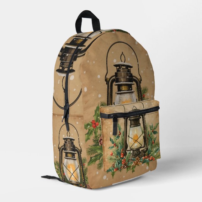 Vintage lantern christmas holly pine festive printed backpack (Back Corner Left)