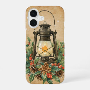 Vintage lantern Christmas holly pine rustic iPhone 16 Case