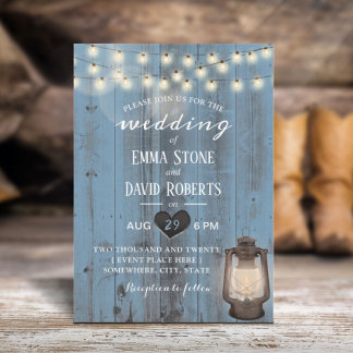 Vintage Lantern Dusty Blue Barn Wood Wedding Invitation