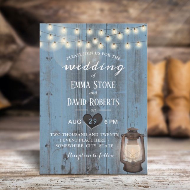 Vintage Lantern Dusty Blue Barn Wood Wedding Invitation (Creator Uploaded)