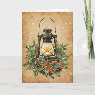 Vintage lantern holly pine rustic festive warm card