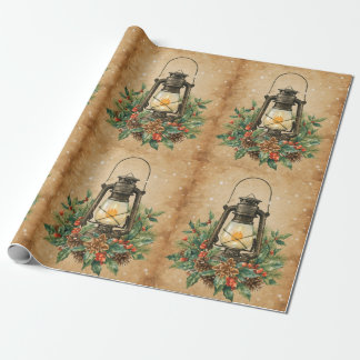 Vintage lantern holly pine rustic festive winter wrapping paper