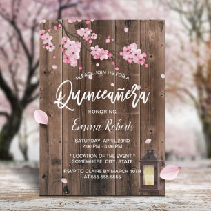 Vintage Lantern Pink Floral Barn Wood Quinceanera Invitation