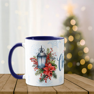 Vintage Lantern Poinsettia Christmas Bouquet Mug