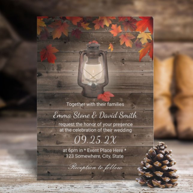 Vintage Lantern Rustic Barn Wood Autumn Wedding Invitation (Creator Uploaded)