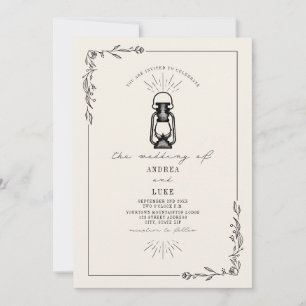 Vintage Lantern Rustic Botanical Black Wedding Invitation