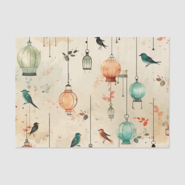 Vintage Lantern Style Birdcages Birds Decoupage Tissue Paper (Front)