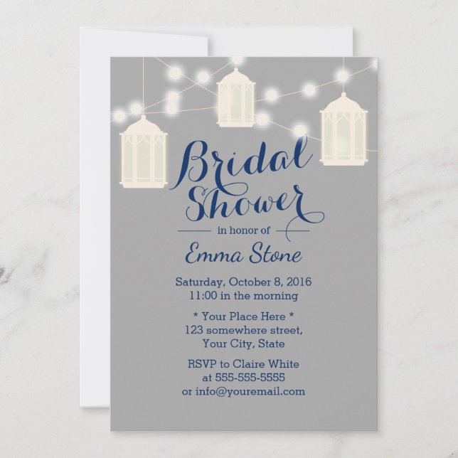 Vintage Lanterns Grey & Navy Blue Bridal Shower Invitation (Front)