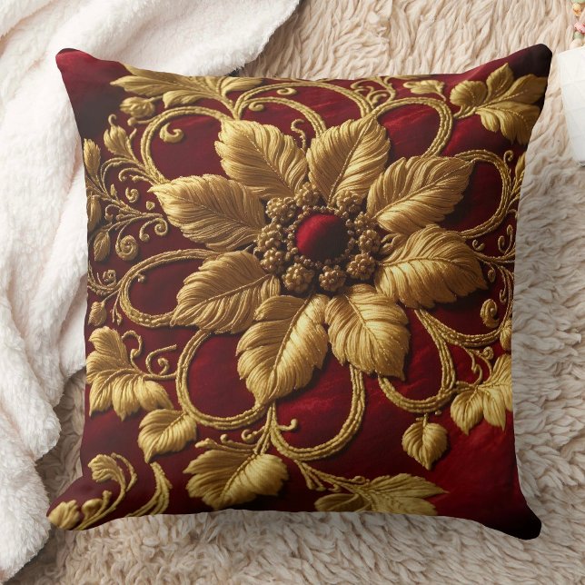 Vintage Large Flower Embroidery look Red Gold Cushion (Creator Uploaded)