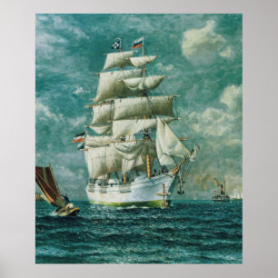 Vintage Large White Sailboat Painting (1895) Poster
