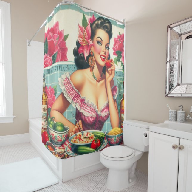 Vintage Latina Pin-Up Painting Shower Curtain (In Situ)
