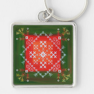 Vintage Latvian folk art with symbols oil painting Key Ring