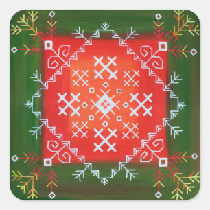 Vintage Latvian folk art with symbols oil painting Square Sticker