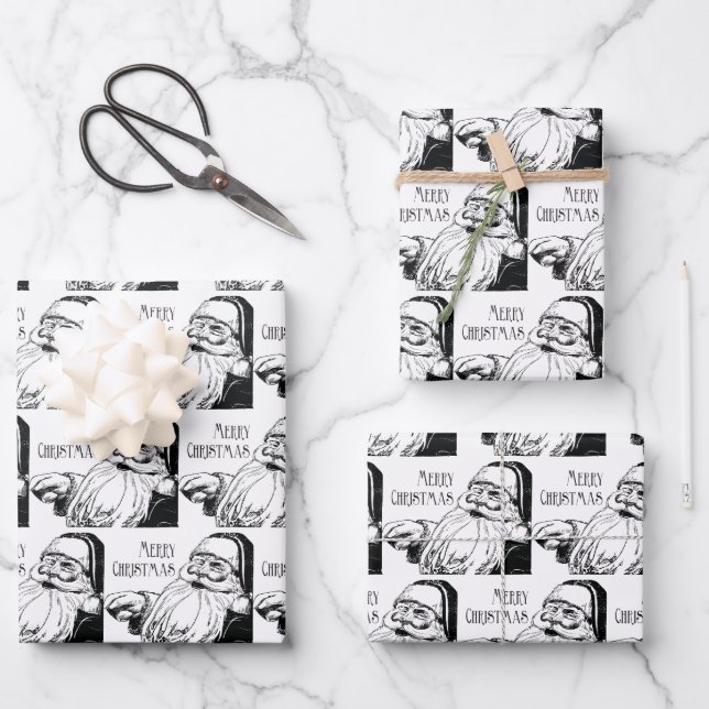 Vintage Laughing Santa Black and White Merry Wrapping Paper Sheet (Front)