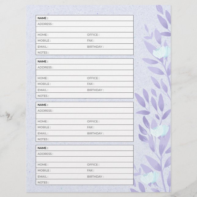 Vintage lavender address book page (Back)