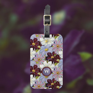 Vintage Lavender and Burgundy Watercolor Clematis Luggage Tag