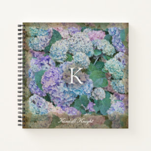 Vintage Lavender Blue Hydrangea Floral Monogram Notebook