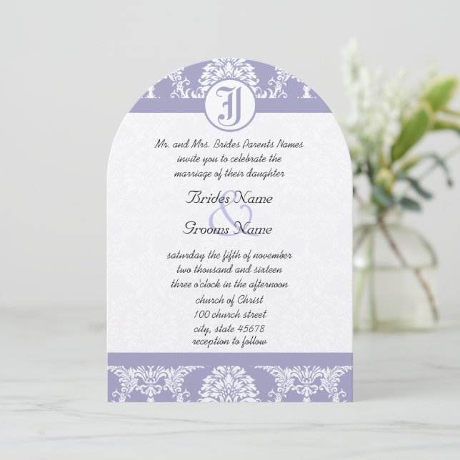 Vintage Lavender Damask Your Photo Wedding Invites (Standing Front)