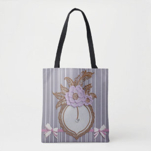 Vintage Lavender Floral Cameo & Pinstripe Coquette Tote Bag