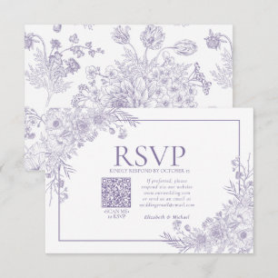 Vintage Lavender Floral Line Art QR Code RSVP Card