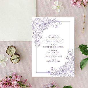 Vintage Lavender Floral Line Art Script Wedding Invitation