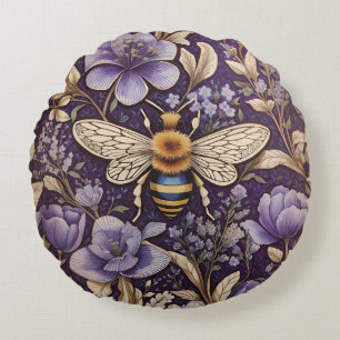 Vintage Lavender Flowers Bumble Bee Purple Nature Round Cushion