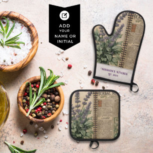 Vintage Lavender Herbal Kitchen Oven Mitt & Pot Holder Set