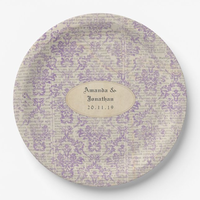 Vintage Lavender Newspaper Wedding Paper Plate (Front)