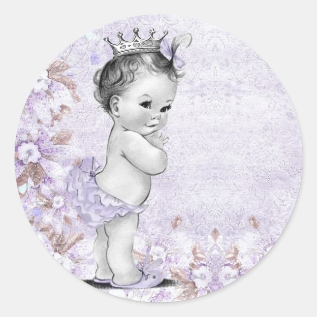 Vintage Lavender Purple Baby Shower Stickers (Front)
