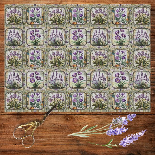 Vintage Lavender Purple Flowers Botanical Mosaic Tissue Paper (Creator Uploaded)
