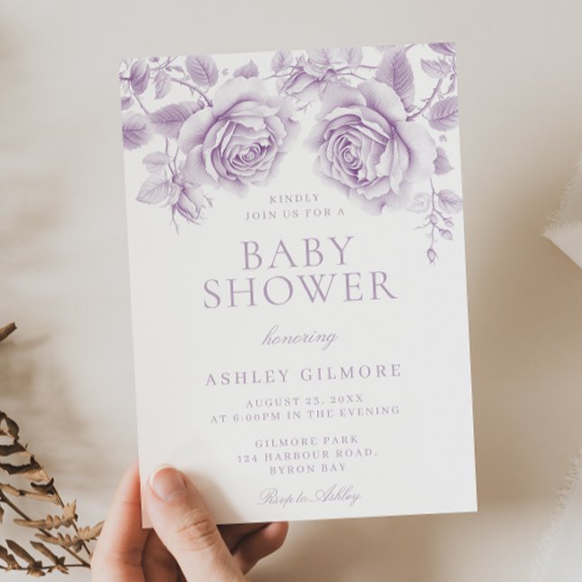 Vintage Lavender Purple Roses Baby Shower Invitation (Creator Uploaded)