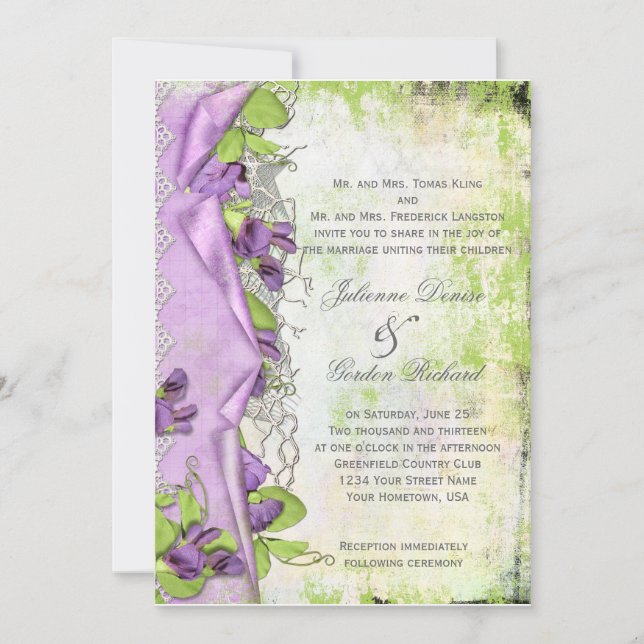 Vintage Lavender Purple Sweet Peas Floral Weddings Invitation (Front)