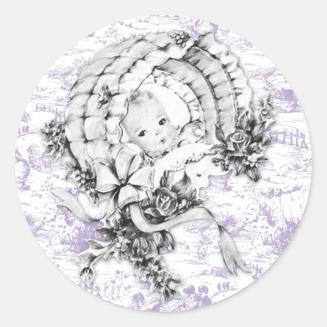Vintage Lavender Purple Toile Baby Shower Stickers (Front)
