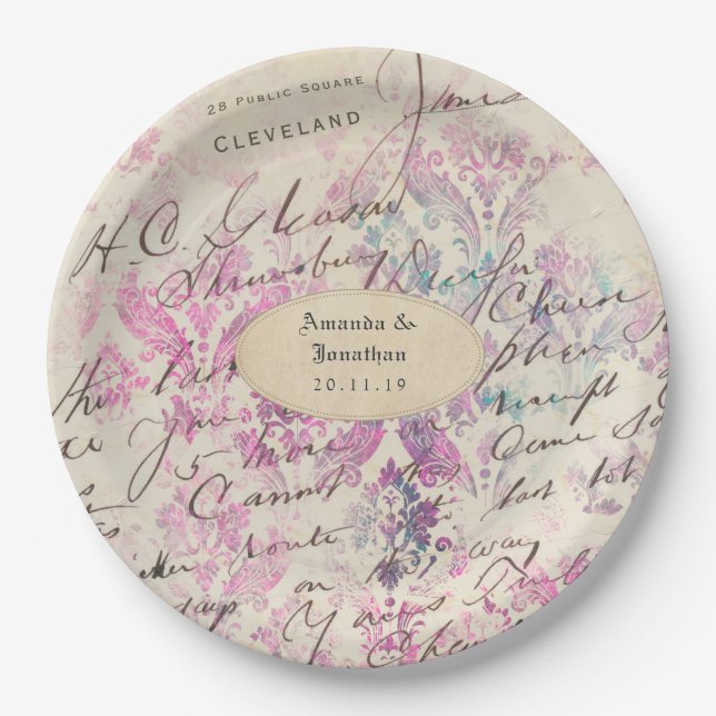 Vintage Lavender Themed Damask Wedding Paper Plate (Front)