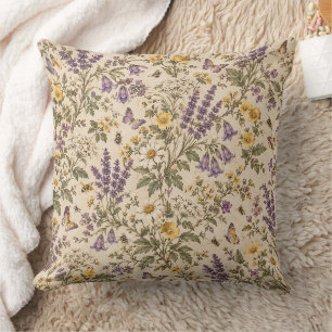 Vintage Lavender & Wildflower Meadow Pattern Cushion