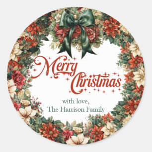 Vintage Lavish wreath green ribbon and lux gold Classic Round Sticker