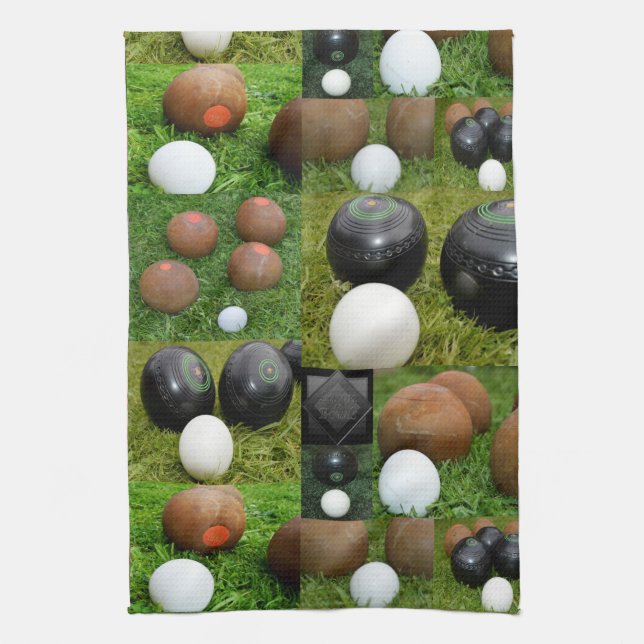 Vintage Lawn Bowls Collarge, Tea Towel (Vertical)