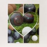 Vintage Lawn Bowls Collection,  Jigsaw Puzzle<br><div class="desc">Pictured are vintage lawn bowls in a heart shaped photo collage collection</div>