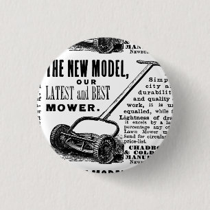 Vintage lawn mower advert 3 cm round badge