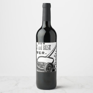 Vintage lawn mower advert wine label