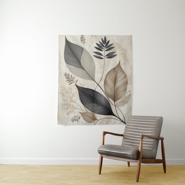Vintage Leaf and Flower Neutral Botanical Sketch  Tapestry (In Situ)
