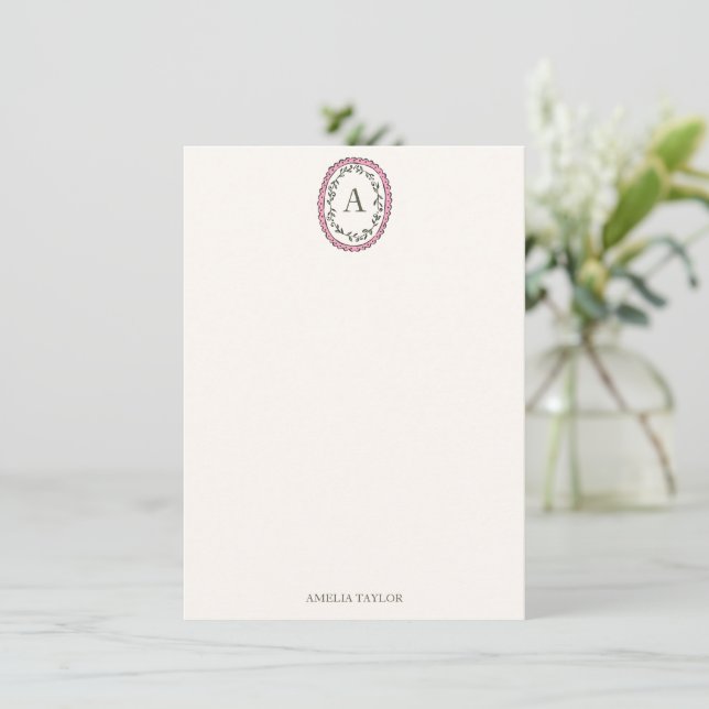 Vintage Leaf Pink Monogram Personalised Stationery Card (Standing Front)