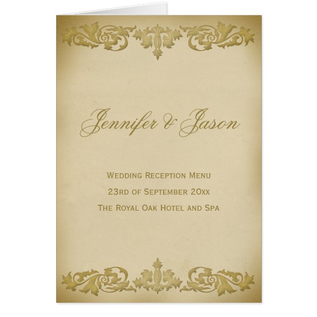 Vintage Leaf Scroll Style Wedding Menu  in Beige (Front)