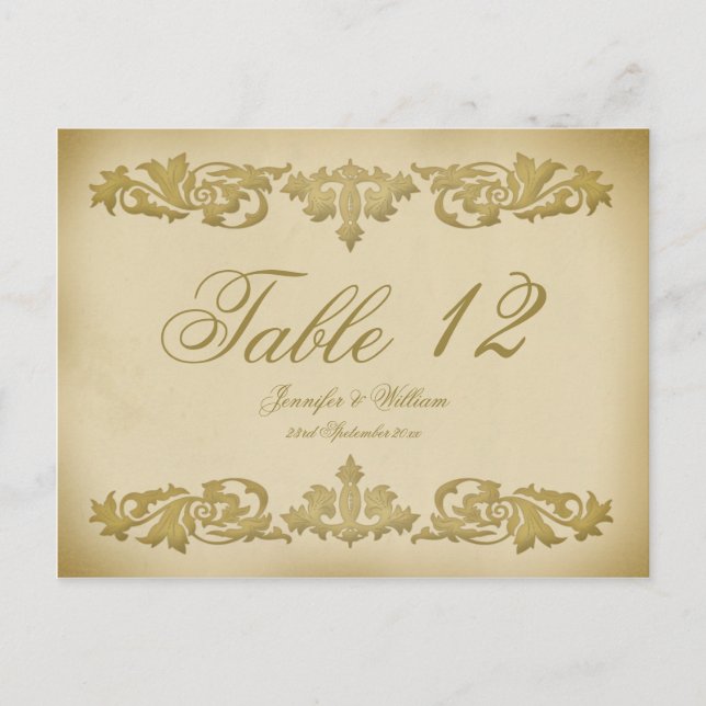 Vintage Leaf Scroll Wedding Table Number Postcard (Front)