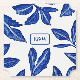 Vintage Leaf with Couple's Monogram - Blue & White Paper Coaster