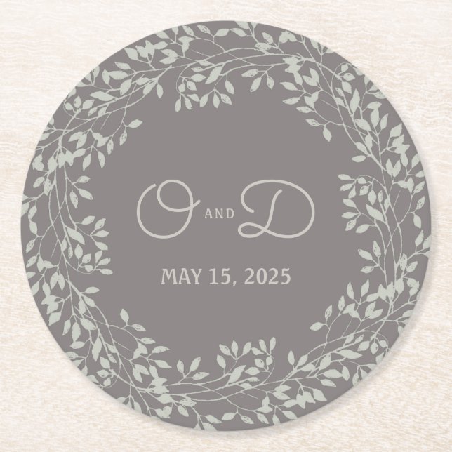 Vintage Leafy Wreath Wedding Round Paper Coaster (Front)