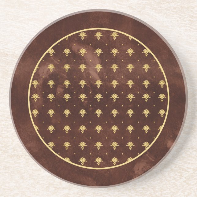 Vintage Leather Brown and Gold Damask Pattern Coaster (Front)